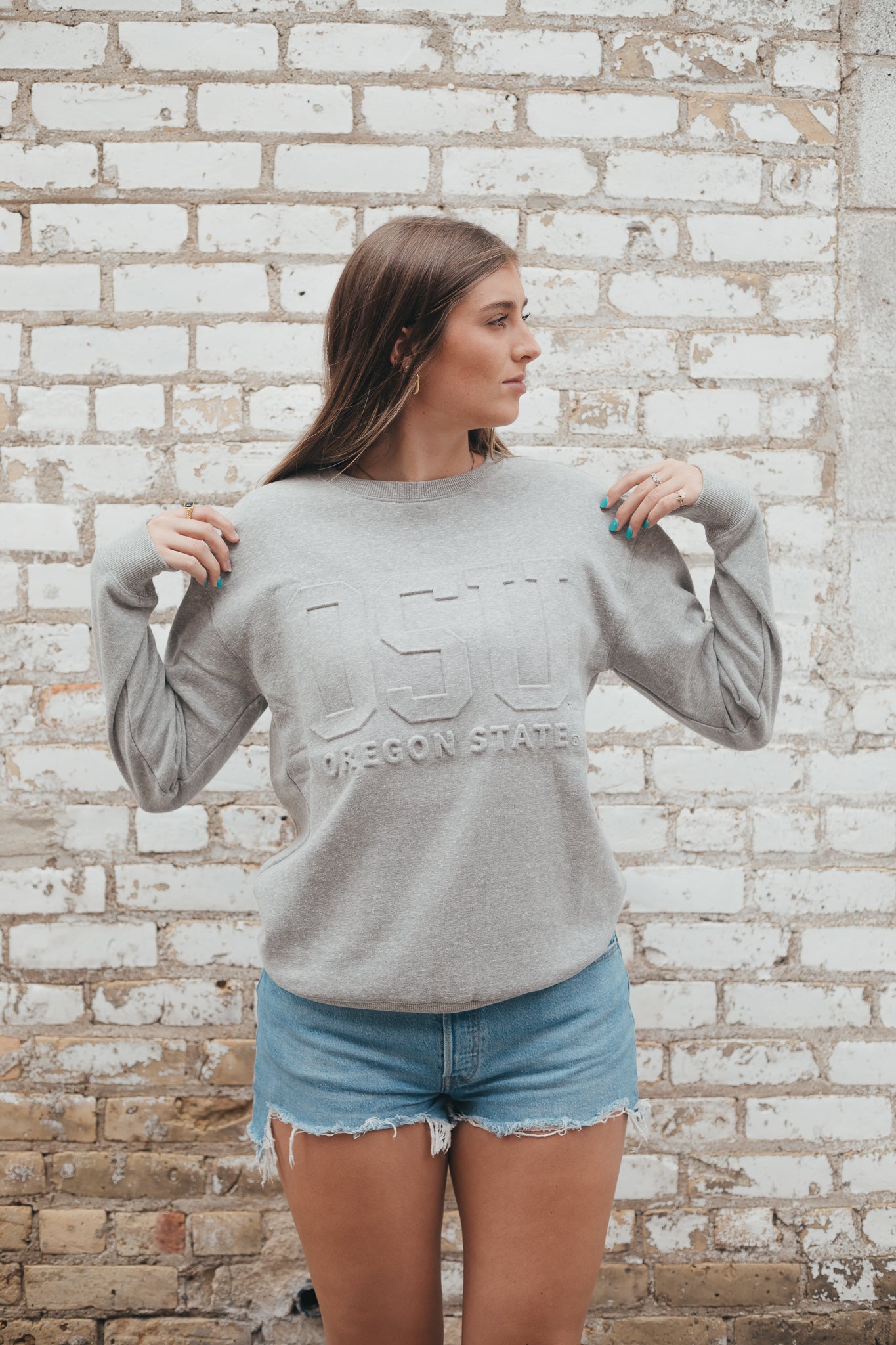 Oregon State Block Letter Embossed Heather Grey Crew