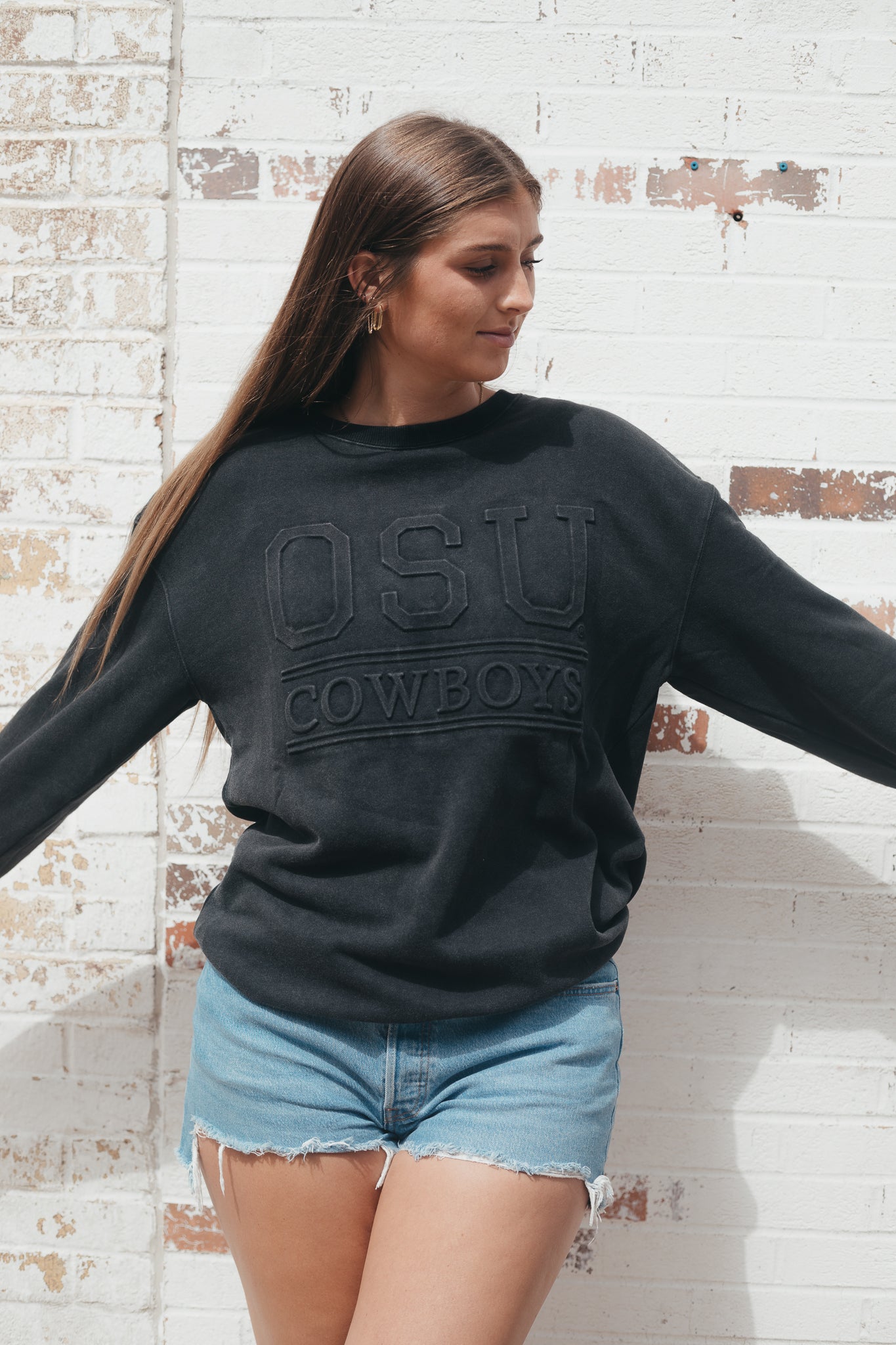 Oklahoma State College Lines Embossed Black Crew