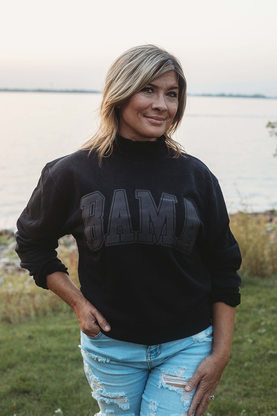 Alabama Tonal Puff Black Cropped Mockneck