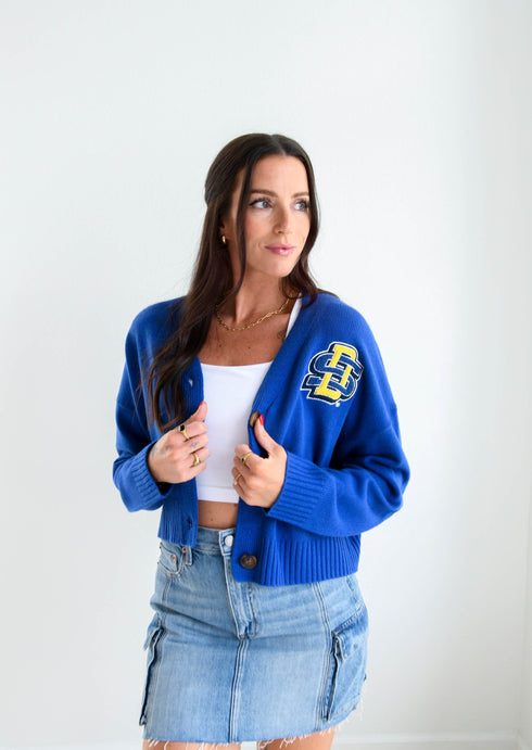 SD State Chenille Patch Cropped Cardigan
