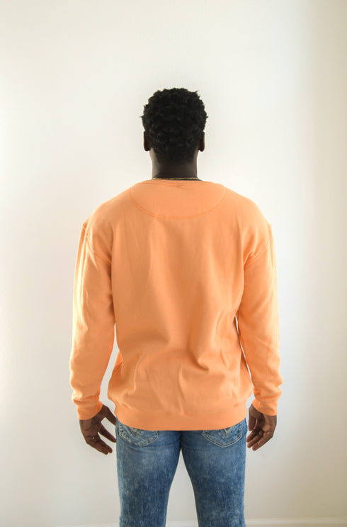 Person wearing an orange long-sleeve shirt and blue jeans against a white background