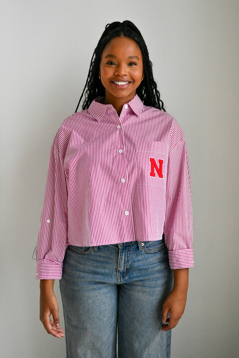 Nebraska Logo Patch Striped Cropped Button Up
