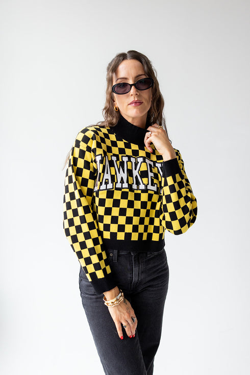 Iowa Checkerboard Cropped Crewneck Sweater