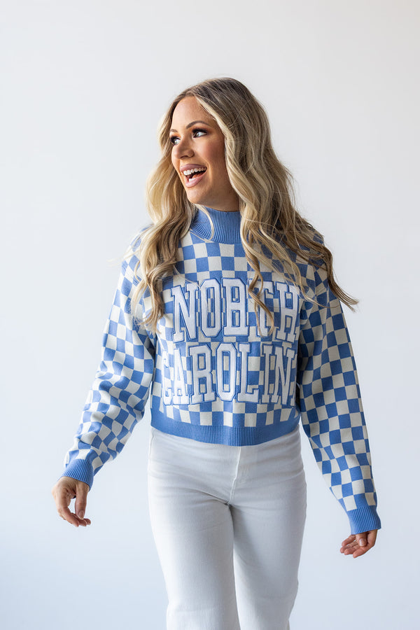 UNC Checkerboard Cropped Crew Sweater