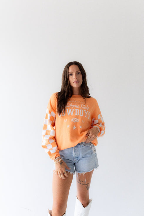 OK State Russell Check Lantern Sleeve Crew