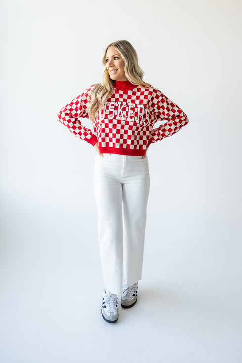 Nebraska Checkerboard Cropped Crewneck Sweater