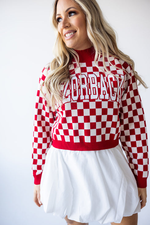 Arkansas Checkerboard Cropped Crew Sweater