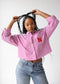 Nebraska Logo Patch Striped Cropped Button Up