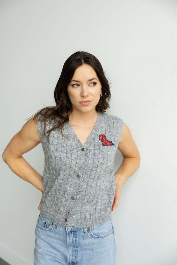 Ole Miss Logo Patch Button Up Sweater Vest