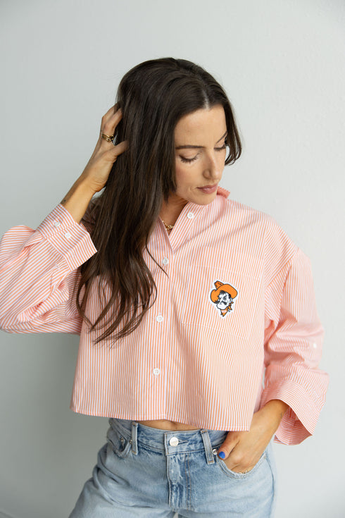 Oklahoma State Logo Patch Striped Cropped Button Up