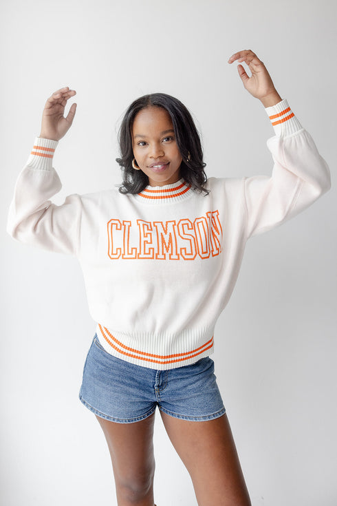 Clemson Custom Queen Oversized Striped Crew Sweater