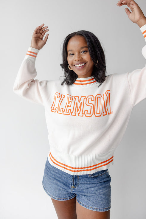Clemson Custom Queen Oversized Striped Crew Sweater