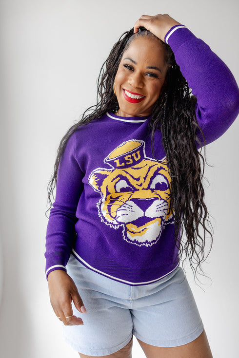 LSU Wicks Woven Striped Detail Sweater