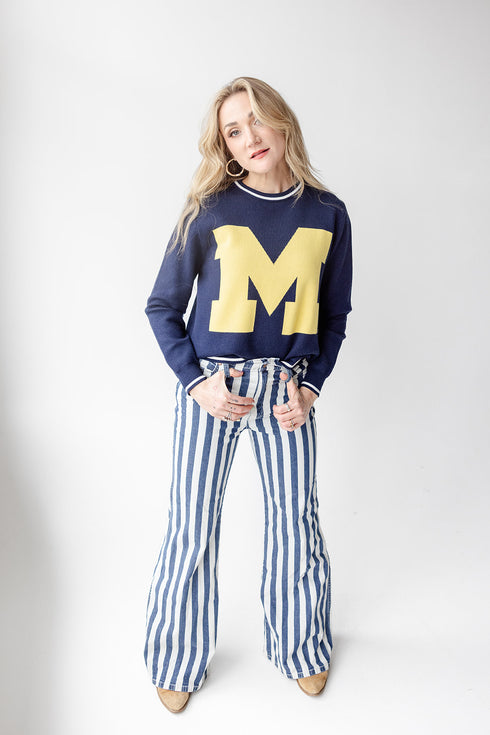 Michigan Wicks Woven Striped Detail Sweater