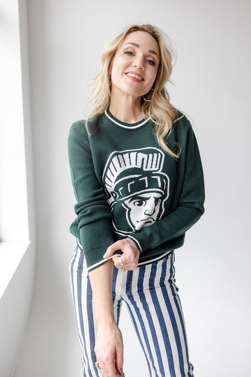 Michigan State Wicks Woven Striped Detail Sweater
