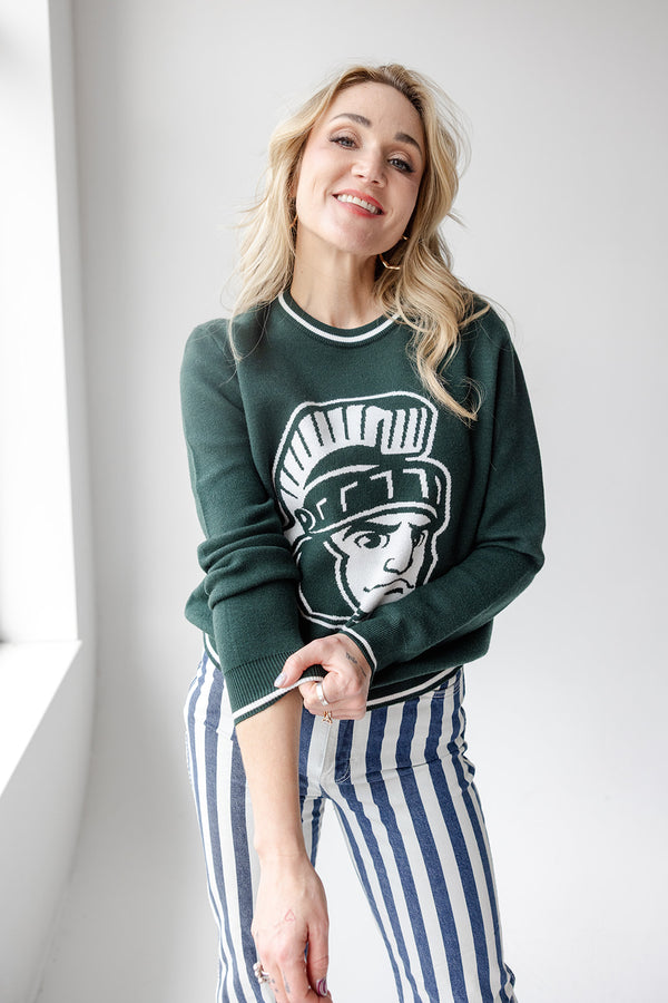 Michigan State Wicks Woven Striped Detail Sweater