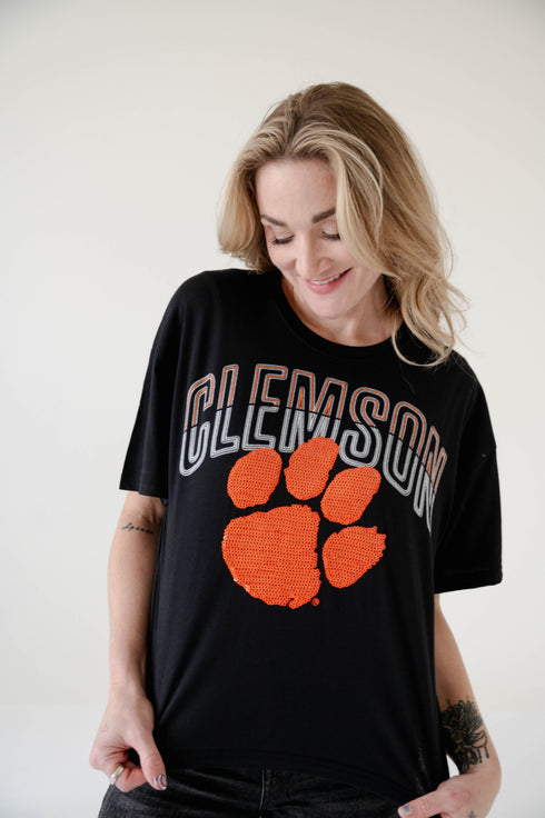 Clemson Starlite Sequin Semi-Cropped Oversized Band Tee