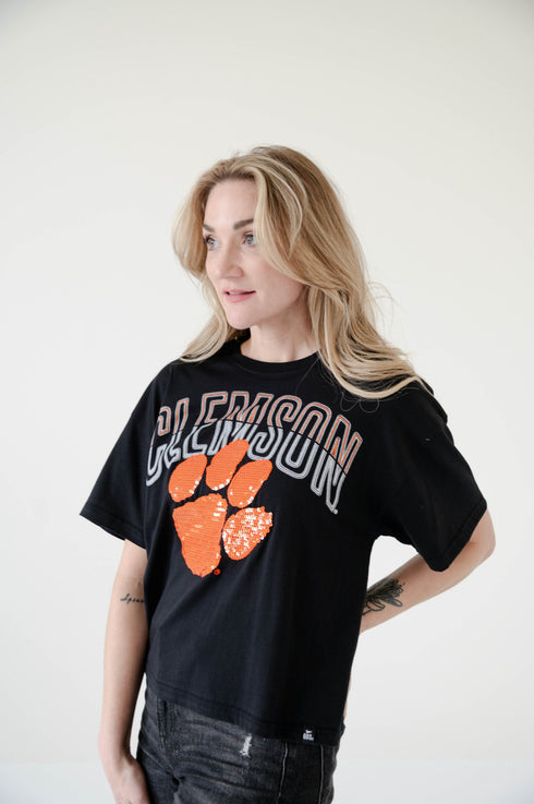 Clemson Starlite Sequin Semi-Cropped Oversized Band Tee