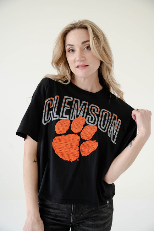 Clemson Starlite Sequin Semi-Cropped Oversized Band Tee