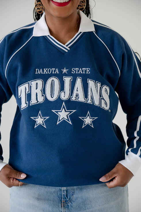 Dakota State Sunday Slate Striped Collar Fleece Crew