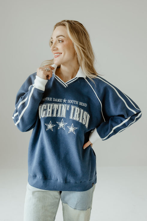 Notre Dame Sunday Slate Striped Collar Fleece Crew