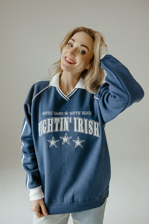 Notre Dame Sunday Slate Striped Collar Fleece Crew