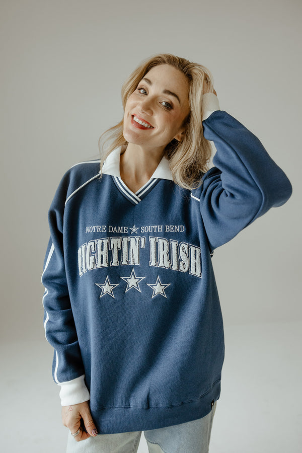 Notre Dame Sunday Slate Striped Collar Fleece Crew