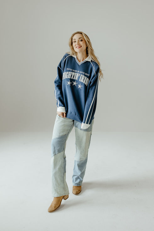 Notre Dame Sunday Slate Striped Collar Fleece Crew