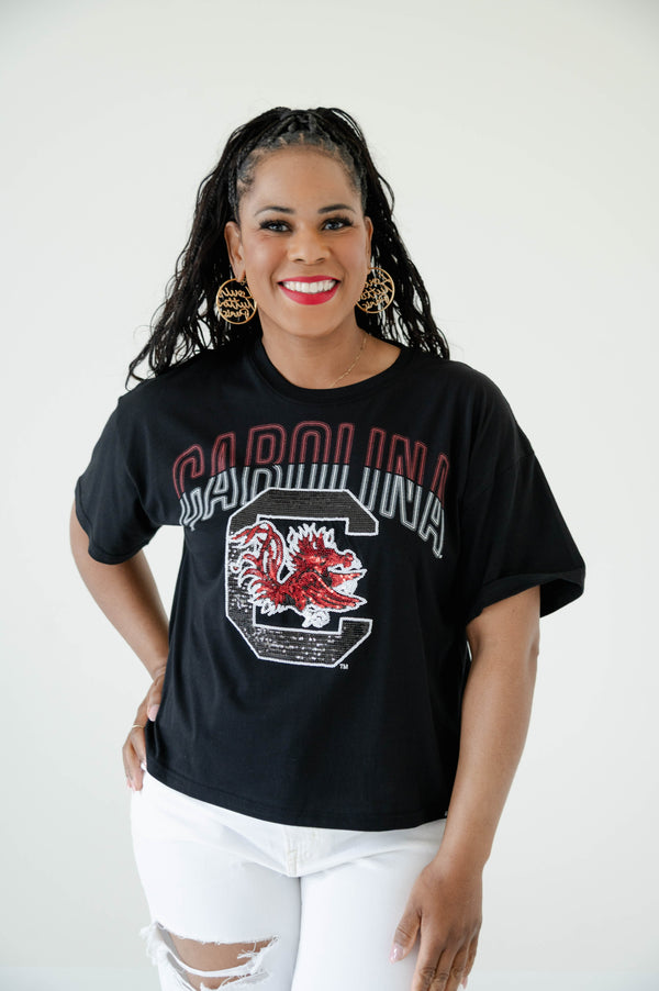 South Carolina Starlite Sequin Semi-Cropped Oversized Band Tee