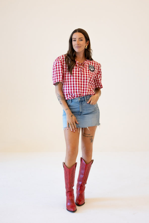 Georgia Varsity Shine Tie Front Blouse