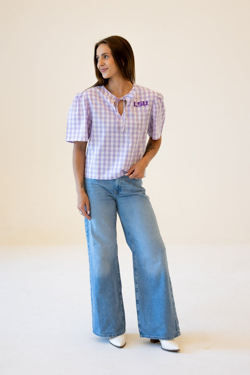 LSU Varsity Shine Tie Front Blouse