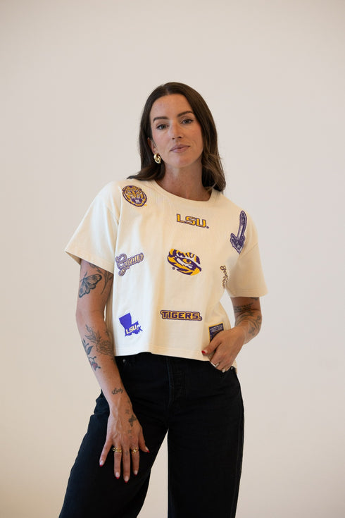 LSU All Over the Place Heavyweight Crop Tee