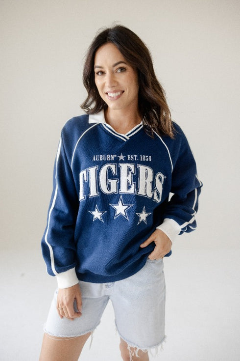 Auburn Sunday Slate Striped Collar Fleece Crew