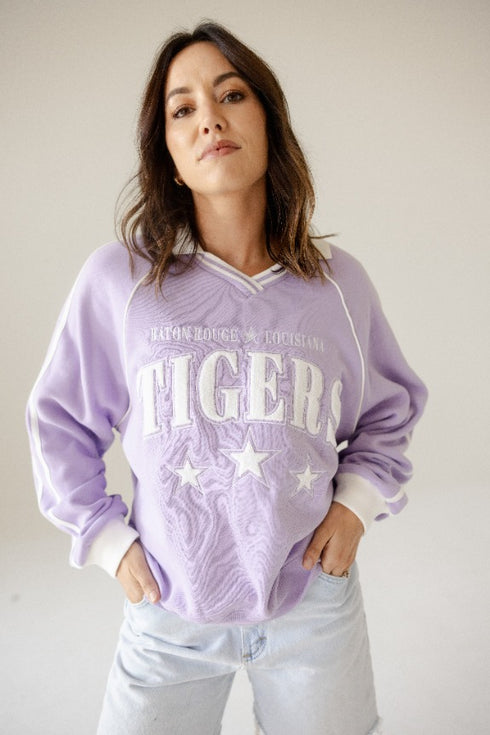 LSU Sunday Slate Striped Collar Fleece Crew
