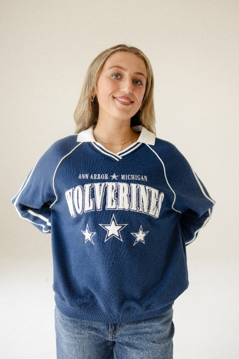 Michigan Sunday Slate Striped Collar Fleece Crew