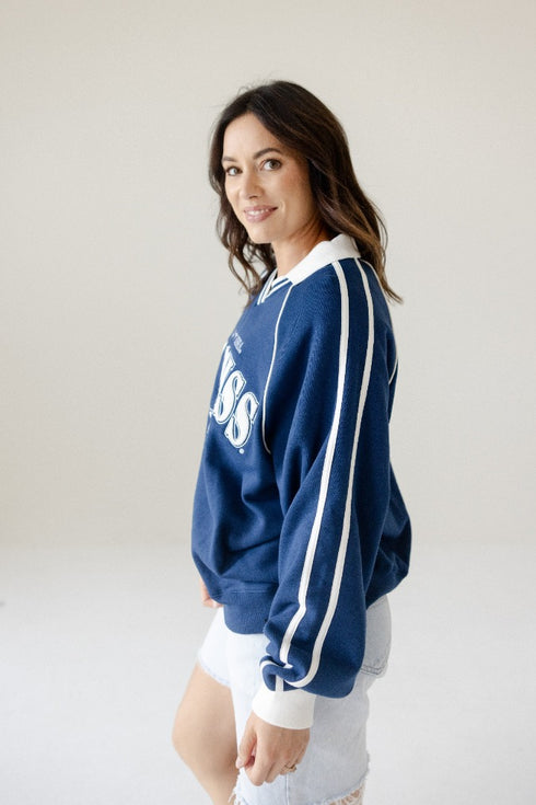 Ole Miss Sunday Slate Striped Collar Fleece Crew