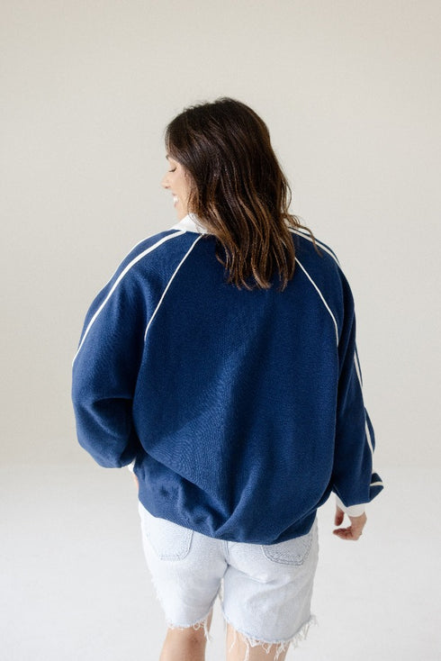 Ole Miss Sunday Slate Striped Collar Fleece Crew