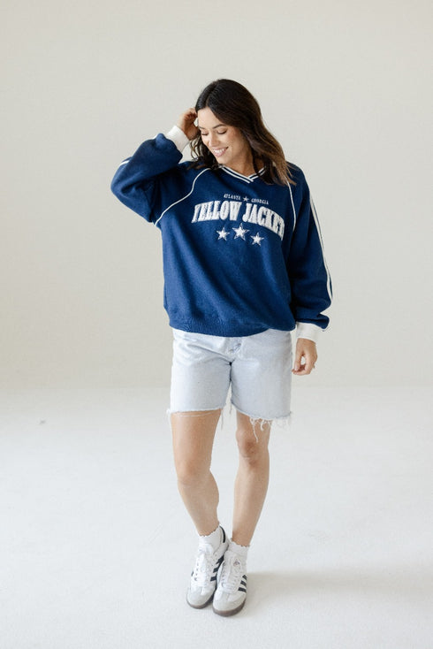 Georiga Tech Sunday Slate Striped Collar Fleece Crew