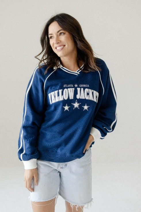 Georiga Tech Sunday Slate Striped Collar Fleece Crew