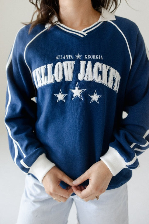 Georiga Tech Sunday Slate Striped Collar Fleece Crew