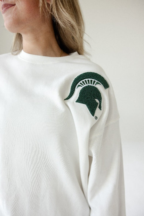 Michigan State Suave Suede Lantern Sleeve Crew