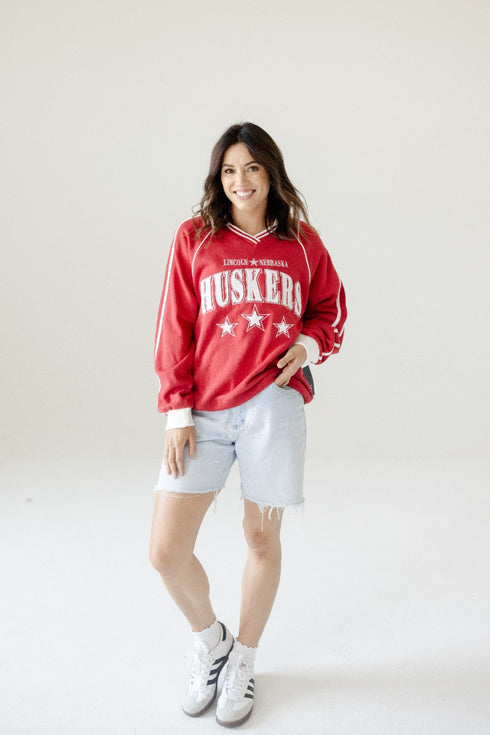 Nebraska Sunday Slate Striped Collar Fleece Crew
