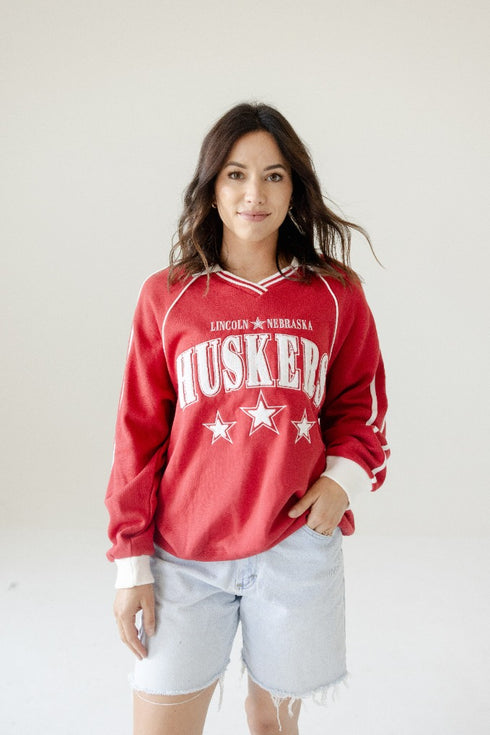 Nebraska Sunday Slate Striped Collar Fleece Crew