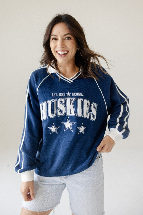 UCONN Sunday Slate Striped Collar Fleece Crew