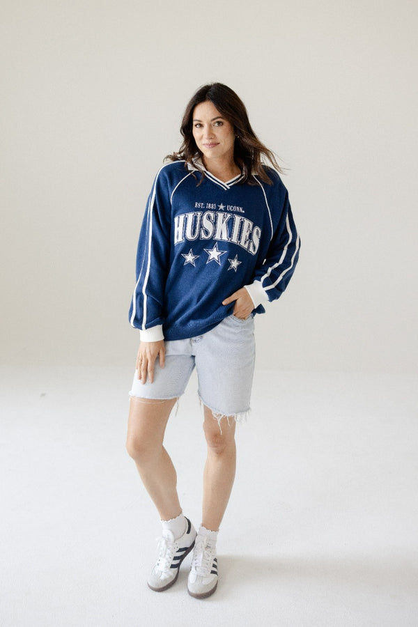 UCONN Sunday Slate Striped Collar Fleece Crew
