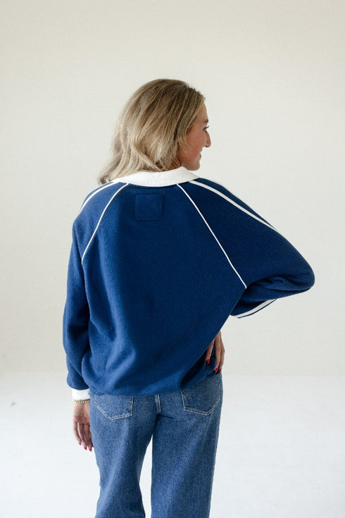 West Virginia Sunday Slate Striped Collar Fleece Crew