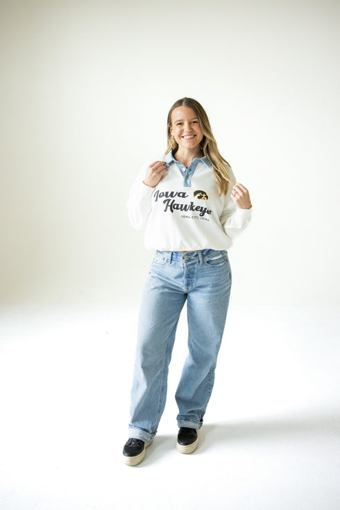 Iowa Angel Script Screenprint Denim Collar Crew