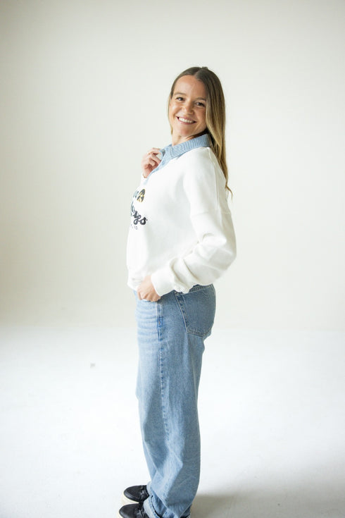 Iowa Angel Script Screenprint Denim Collar Crew