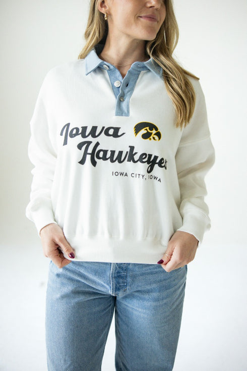 Iowa Angel Script Screenprint Denim Collar Crew