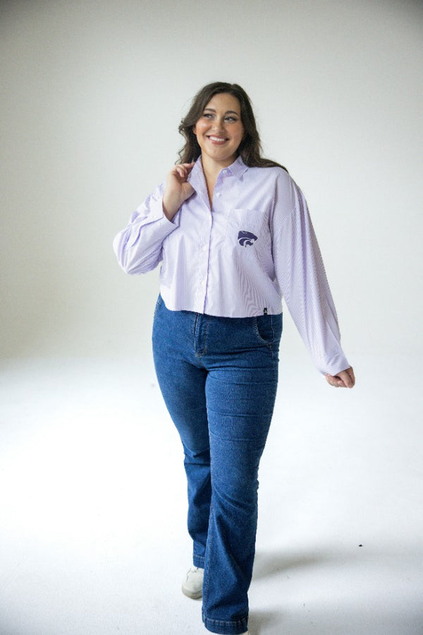 Kansas State Logo Patch Striped Cropped Button Up